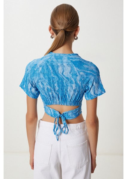 Desenli Crop Krinkıl Bluz LAN0048 Gök Mavi indirimleri