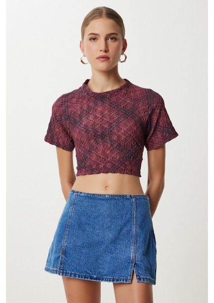 Desenli Crop Krinkıl Bluz LAN0048 Bordo