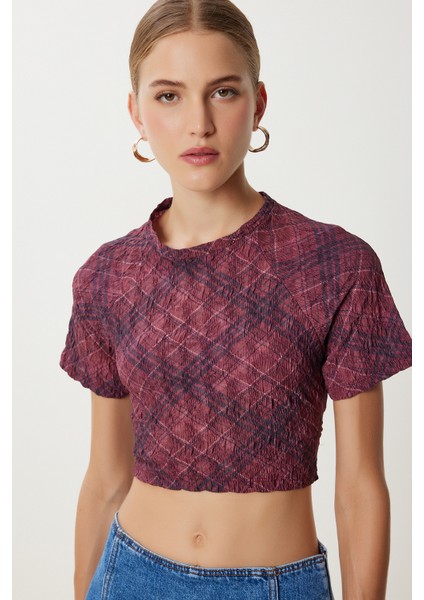 Desenli Crop Krinkıl Bluz LAN0048 Bordo fiyatları
