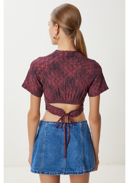 Desenli Crop Krinkıl Bluz LAN0048 Bordo indirimleri