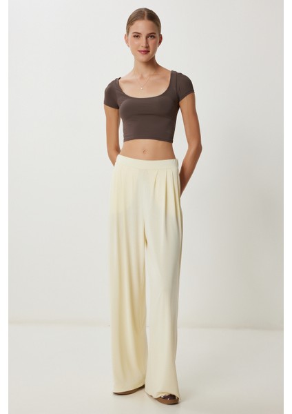 Geniş Paça Dökümlü Modal Pantolon LUB0208 Açık Sarı fiyatları