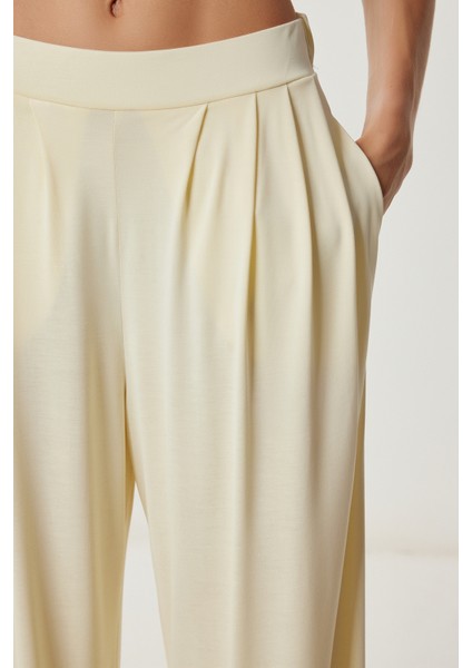 Geniş Paça Dökümlü Modal Pantolon LUB0208 Açık Sarı fırsatları