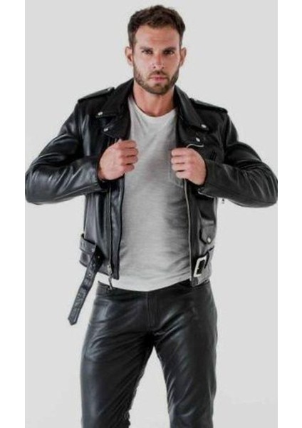 Hakiki Deri Siyah Falcon Kemerli Erkek Deri Ceket