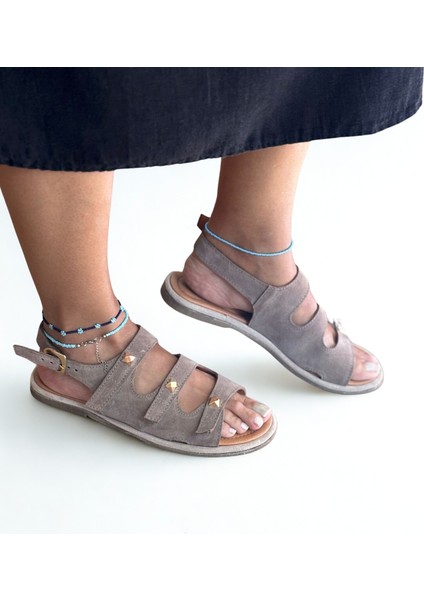 Koyu Bej Hakiki Deri Gold Aksesuarlı Kadın Günlük Sandalet fiyatları