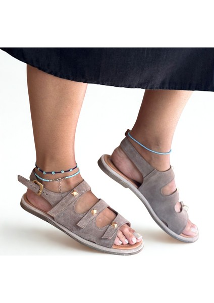 Koyu Bej Hakiki Deri Gold Aksesuarlı Kadın Günlük Sandalet modelleri