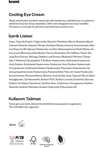 Cooling Eye Cream Göz Kremi |göz Çevresi Nemlendirici Avokado Kafein Gingseng Moringa indirimleri
