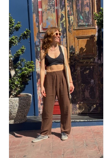 Kahverengi Müslin %100 Pamuk Şalvar Pantolon Kadın Günlük Bohem Tarz Rahat