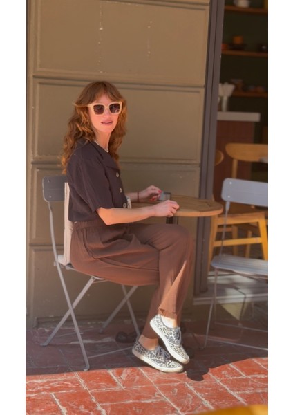 Kahverengi Müslin %100 Pamuk Şalvar Pantolon Kadın Günlük Bohem Tarz Rahat