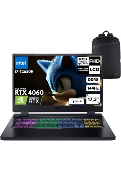 Nitro 5 AN517-55-79B5 I7-12650H 40-Gbddr5 1 Tbssd RTX4060 (8GB-140W) 17.3" Fhd Windows 11 Home Taşınabilir bilgisayar + Hmf Sırt Çantası NH.QLFEY.004HMF35