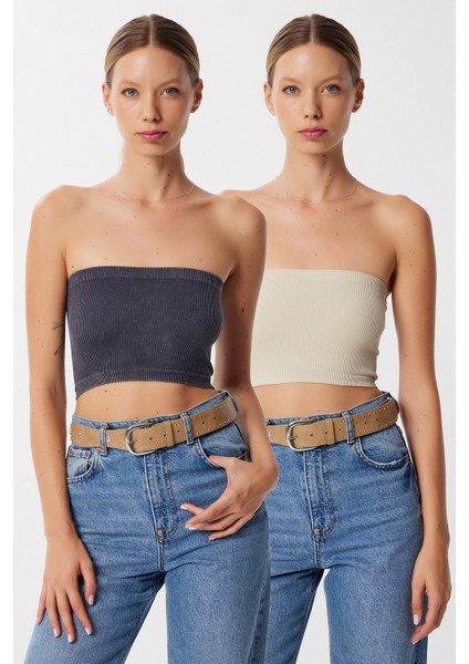 Straplez Fitilli Örme 2'li Paket Büstiyer LUB0211 Taş Antrasit