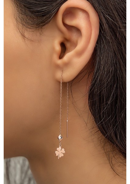 Sallantılı Tekli Yonca Küpe Nano Zirkon Taşlı Rose Gold Kaplama 925 Ayar Gümüş Küpe