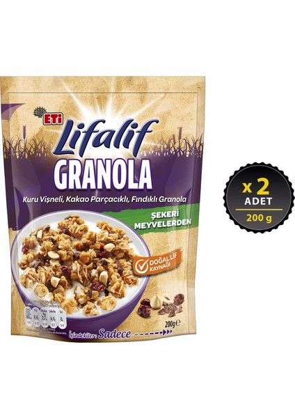 Lifalif Granola Kuru Vişneli, Kakao Parçacıklı, Fındıklı 200 g x 2 Adet