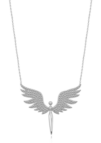 Mikail Meleği Melek Kolye Rodyum Kaplama Nano Zirkon Taşlı 925 Ayar Gümüş