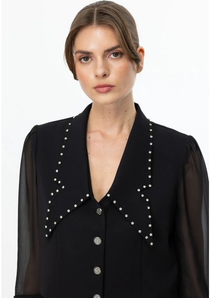 Yakası Taşlı Duble Kol Kısa Ceket Siyah 04220 fiyatları