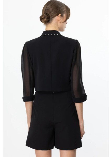 Yakası Taşlı Duble Kol Kısa Ceket Siyah 04220 modelleri