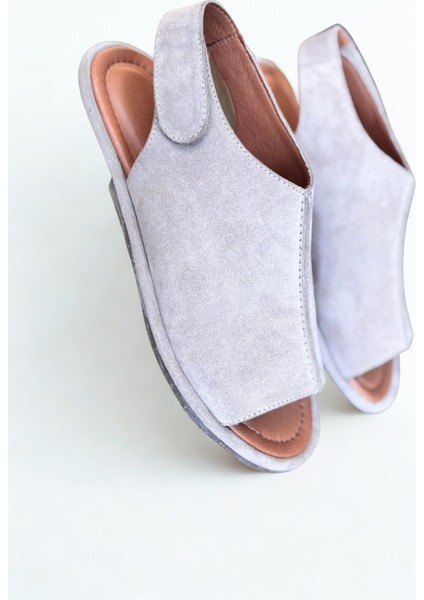 Ekru Süet Hakiki Deri Cırtlı Kadın Günlük Sandalet