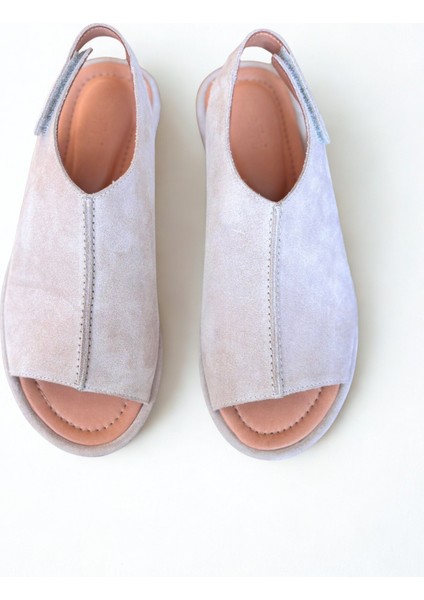 Ekru Süet Hakiki Deri Cırtlı Kadın Günlük Sandalet fiyatları