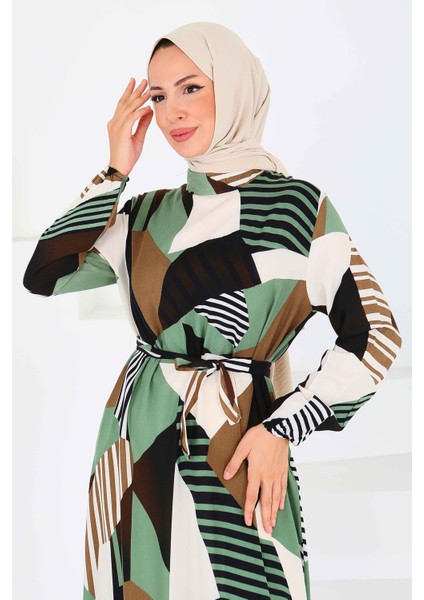 Desenli Kuşaklı Elbise Haki - 27517 modelleri
