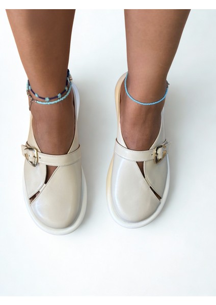 Bej Hakiki Deri Tokalı Kadın Günlük Rahat Sabo Terlik