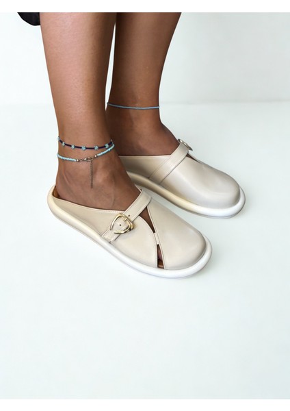 Bej Hakiki Deri Tokalı Kadın Günlük Rahat Sabo Terlik fırsatları