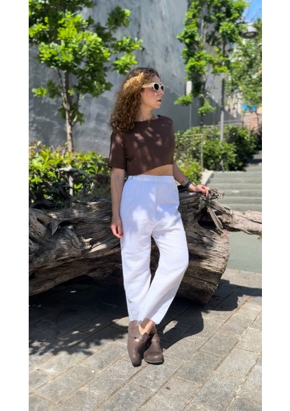 Beyaz Müslin %100 Pamuk Şalvar Pantolon Kadın Günlük Bohem Tarz Rahat