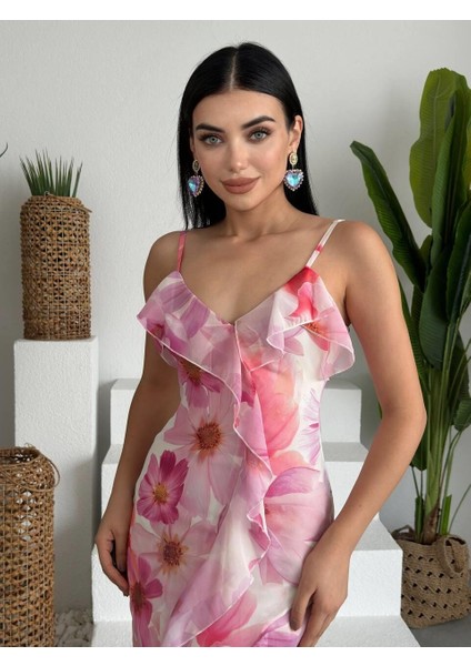 Kadın Pembe Çiçekli Desenli Uzun Elbise