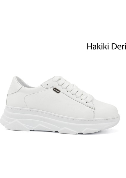 Kadın Beyaz Bağcıklı Dolgu Taban Hakiki Deri Sneaker