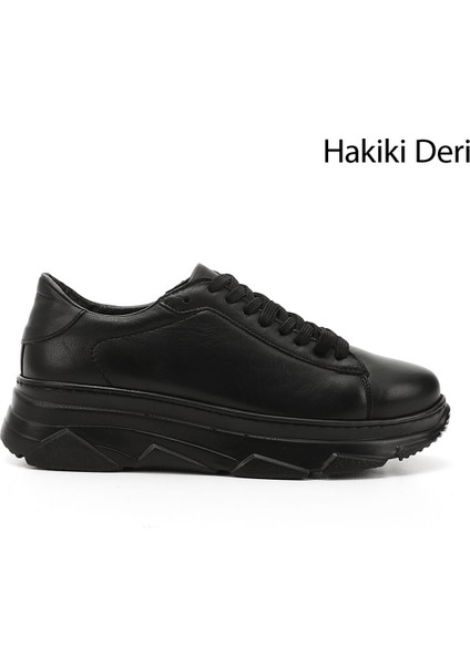 Kadın Siyah Bağcıklı Dolgu Taban Hakiki Deri Sneaker