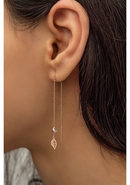 Sallantılı Tekli Yaprak Küpe Nano Zirkon Taşlı Rose Gold Kaplama 925 Ayar Gümüş Küpe
