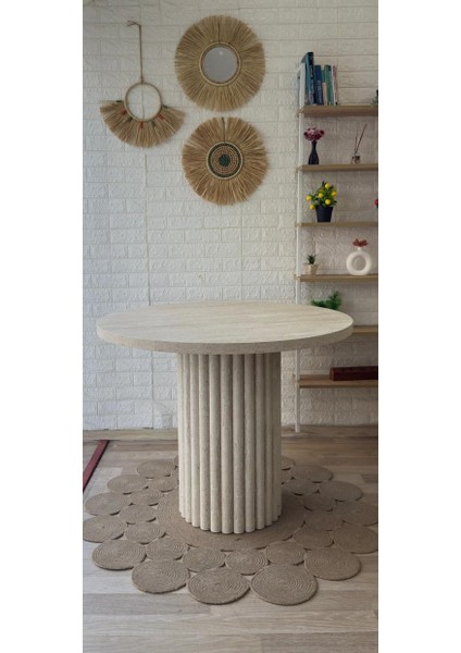 Concept Traverten Mermer Görünümlü Çıta Ayaklı Yuvarlak Masa (90 Cm)