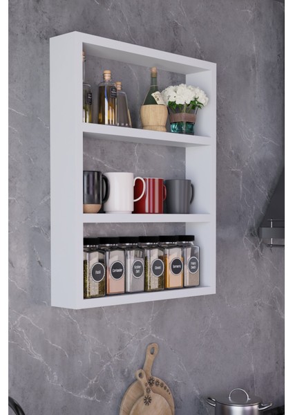3 Katlı Duvar Rafı 43×60 cm – Mutfak Baharatlık & Kupa Düzenleyici, Banyo ve Salon Dekor Rafı