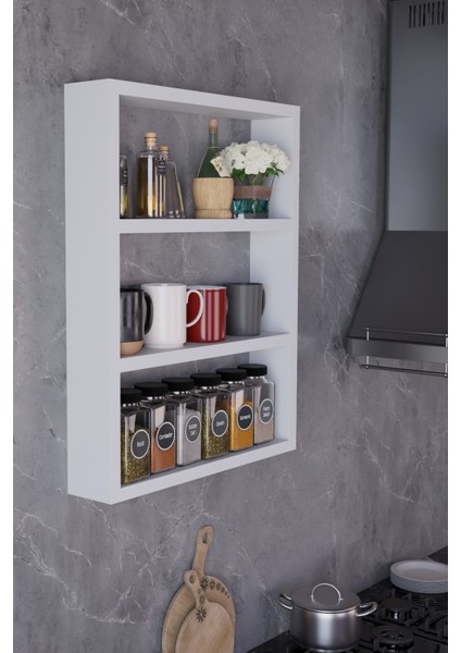 3 Katlı Duvar Rafı 43×60 cm – Mutfak Baharatlık & Kupa Düzenleyici, Banyo ve Salon Dekor Rafı modelleri