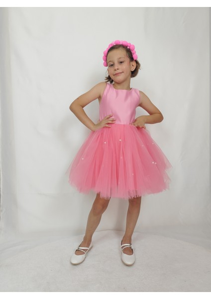 Kız Çocuk Ada Model Abiye Pembe Etek Incili Elbise