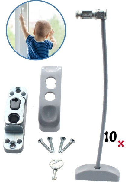 Gri Pencere Kilidi 10 Adet Halatlı Çocuk Güvenlik Emniyet Hırsız Pimapen Pvc Kapı Bebek Kilidi