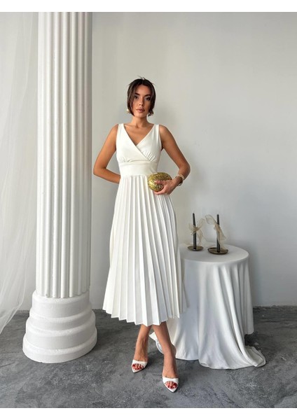 Alyosa Pileli V Yaka Midi Elbise