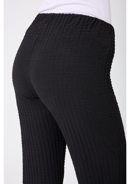 Kadın Beli Lastikli Bürümcük Kumaş Pamuklu Siyah Pantolon