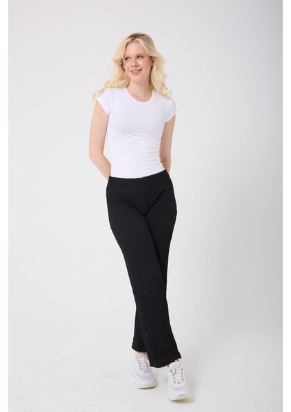 Kadın Beli Lastikli Bürümcük Kumaş Pamuklu Siyah Pantolon