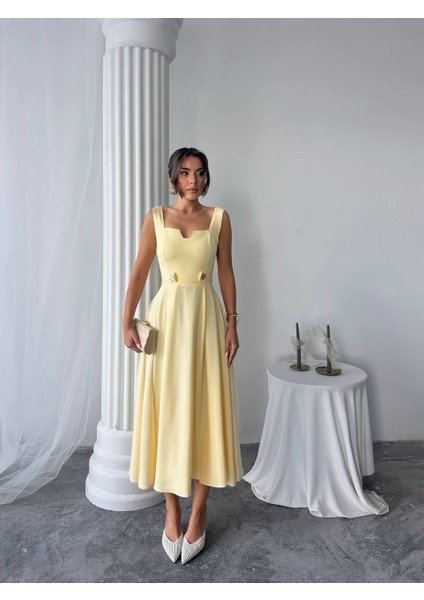 Ayvel Atlas Düğme Detay Midi Elbise