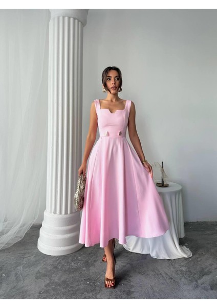 Ayvel Atlas Düğme Detay Midi Elbise