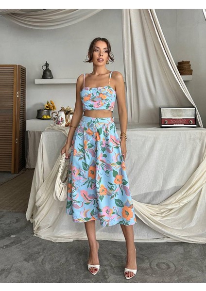 Dalia Çiçek Baskılı Keten Midi Elbise