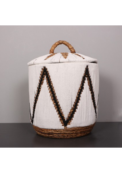 Mylamp Söke Beyaz Makrome ve Doğal Abaka - Kapaklı Sepet 46X45 cm