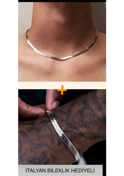 %100 Çelik Kararmaz Gümüş Renk Unisex 4 mm Italyan Yassı Yılan Kolye 4 mm Italyan Bileklik Hediyeli