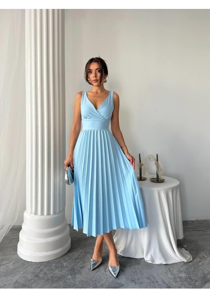 Alyosa Pileli V Yaka Midi Elbise