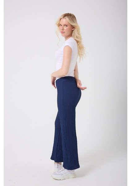Kadın Beli Lastikli Bürümcük Kumaş Pamuklu Lacivert Pantolon modelleri