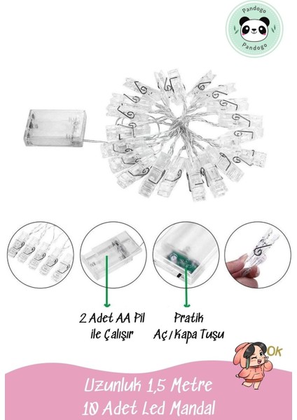 LED Mandal Işık Mandal LED Fotoğraf Aydınlatması LED 1,5m 10 Adet LED Pilli
