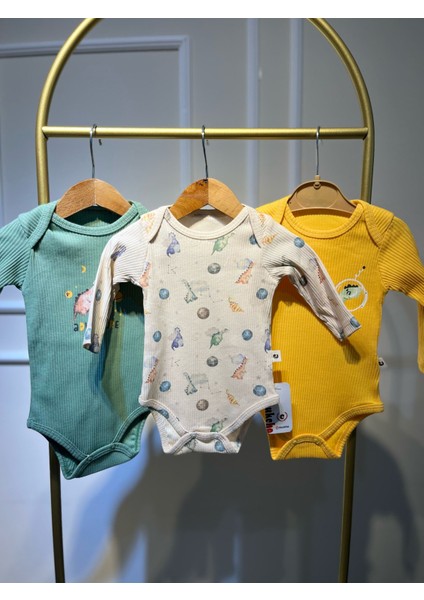 Erkek Bebek 3 Lü %100 Organıc Zıbın Seti Yeşi ve Sarı Set