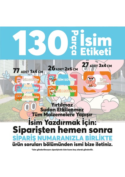 Okul Etiketi Kalem Defter Etiketi Gumball Özel Isim Yazılabilen Etiket - 130 Adet