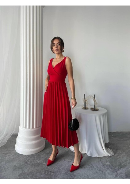 Alyosa Pileli V Yaka Midi Elbise indirimleri