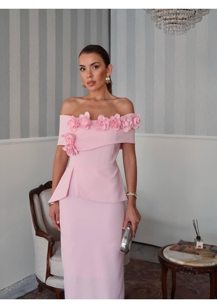 Rina Tasarım Çiçek Detay Uzun Elbise