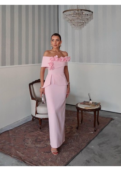 Rina Tasarım Çiçek Detay Uzun Elbise modelleri